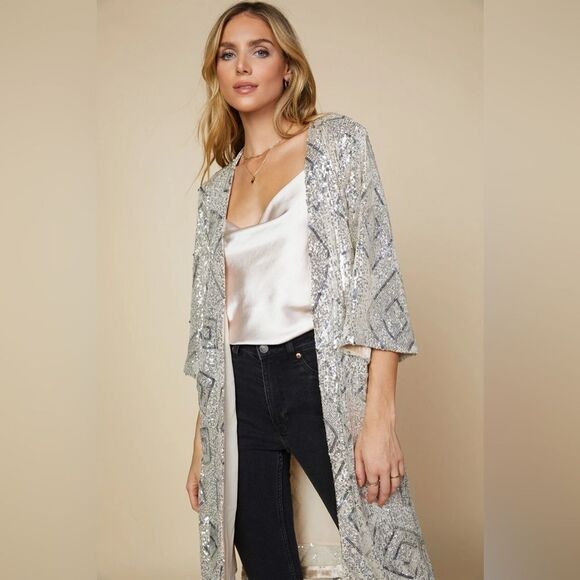 SKIES ARE BLUE Teal Sequin Belted Duster Cardigan Kimono Wrap Size XS/S New - Picture 5 of 14